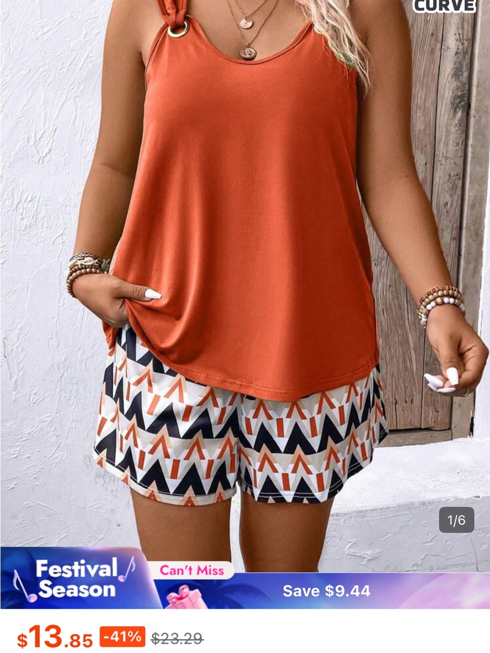 SHEIN Orange Tank Top with Geo Print Shorts Set
